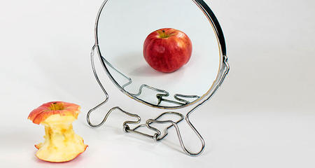 苹果核和整个苹果在镜子里